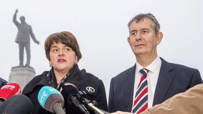 DUP leader Arlene Foster with Edwin Poots at Stormont in 2018. Picture by Liam McBurney/PA 