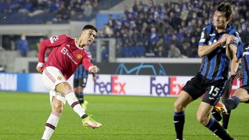Manchester United's Cristiano Ronaldo scores his side's second goal during the Champions League tie against Atalanta&nbsp;