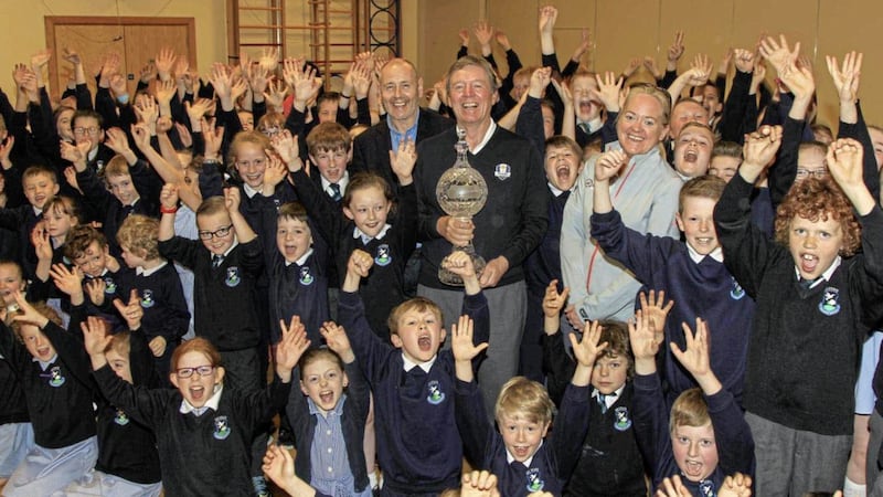 The children of St Ita&rsquo;s Primary School in Belfast, pictured with Brian McIlroy of the Rory Foundation, Antonia Beggs from the European Tour and Dubai Duty Free Golf Ambassador Des Smyth, will certainly be Roaring for Rory following the launch of a nationwide competition organised by the Dubai Duty Free Irish Open hosted by the Rory Foundation.  