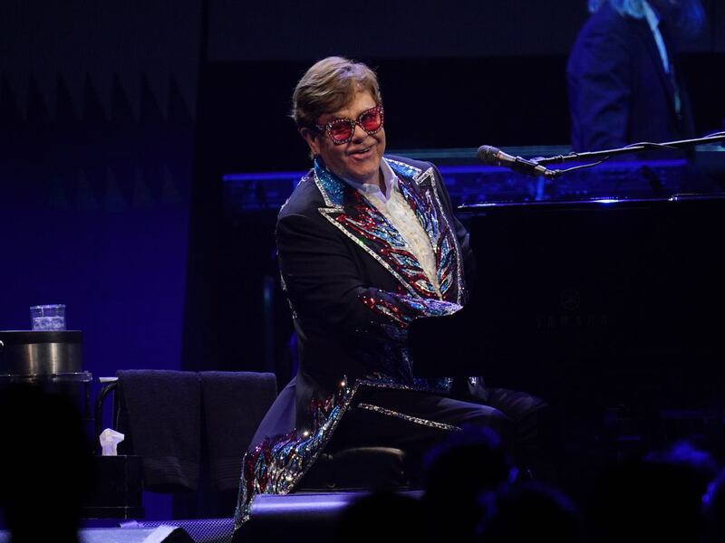 Elton John performing on stage during his Farewell Yellow Brick Road show at the Tele2 Arena in Stockholm, Sweden