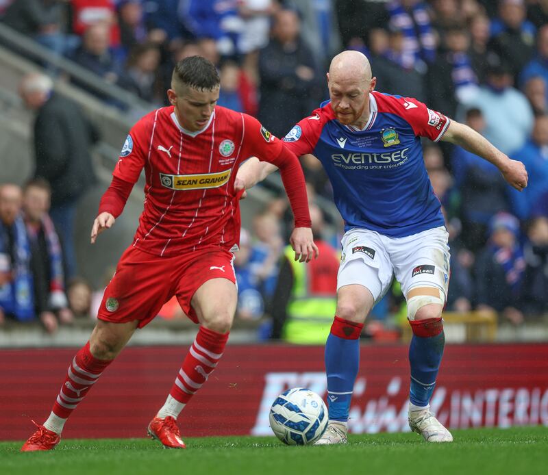 Cliftonville's Ronan Hale and Linfield's Chris Shields during the Clearer Water Irish Cup Final at Windsor Park  Picture: Pacemaker Press