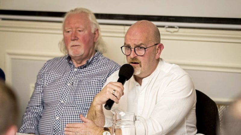 Gary Blair, right, from Charter NI speaks during the Open Doors seminar, with Republican Socialists and Loyalist ex-political prisoner groups, hosted by Co-operation Ireland at The Elk Complex in Toomebridge, County Antrim. Picture by Liam McBurney/PA 
