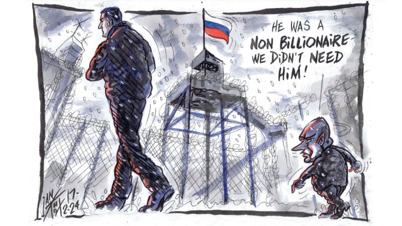 Cartoon showing Vladimir Putin saying 'He was a non-billionaire, we didn't need him' as Alexei Navalny walks away