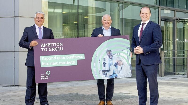 Launching Invest NI&rsquo;s new &#39;Ambition to Grow&#39; programme are (from left) the agency&#39;s interim chief executive Mel Chittock and chief transformation officer Alan McKeown with economy minister Gordon Lyons. Picture: Andrew Towe 