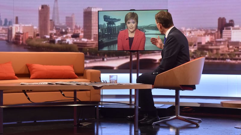 Scottish First Minister Nicola Sturgeon appearing via video link on the BBC One current affairs programme, The Andrew Marr Show. Picture by Jeff Overs, BBC/Press Association