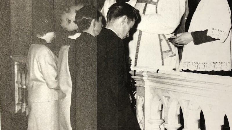 Liam Neeson, in the foreground, with Fr John Barrett and Martin Diamond at a wedding in All Saints Church, Ballymena, in the early 1960s. Eugene Diamond/X 