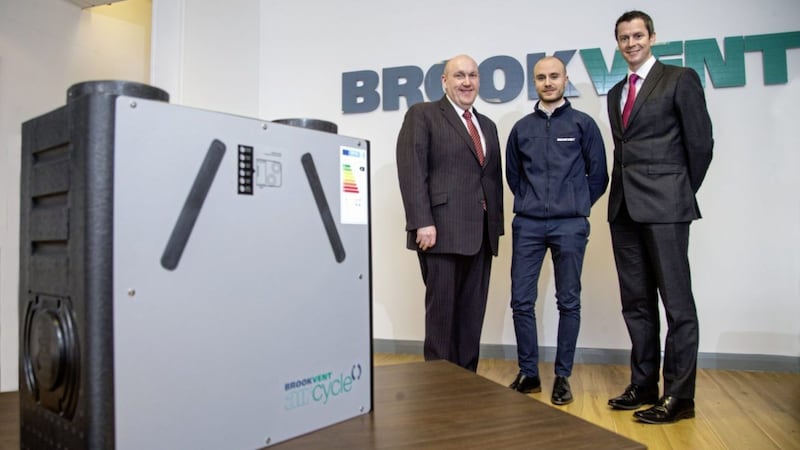 Viewing the new Brookvent Aircycle 1.3, which is now in full production, are Alderman William Leathem, chair of the Council&#39;s development committee; Dane Duffy, sales &amp; marketing director at Brookvent; and new council chief executive David Burns 