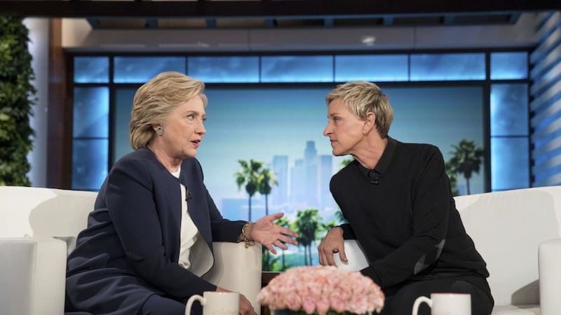 Hillary Clinton speaks with Ellen Degeneres during a commercial break at a taping of The Ellen Show. Picture by Andrew Harnik, Associated Press 