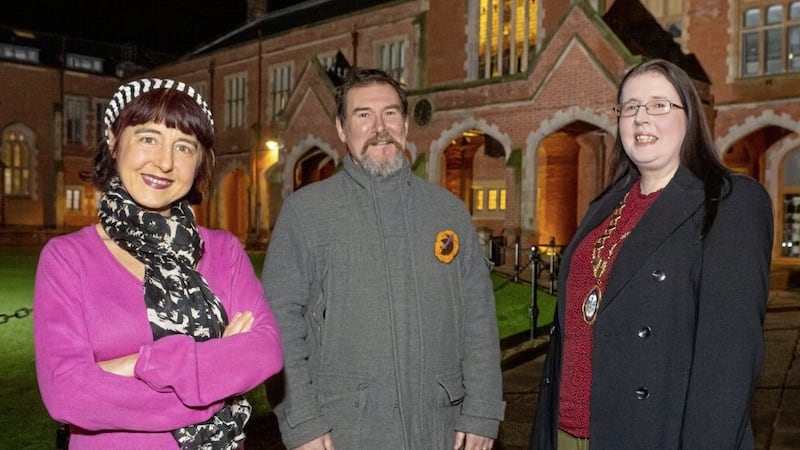 Belfast artist Lise McGreevy (left), who has been appointed QUB&#39;s first artist-in-residence for Sustainability, Equality and Climate Action, pictured with Professor John Barry and Deputy Mayor Michelle Kelly 