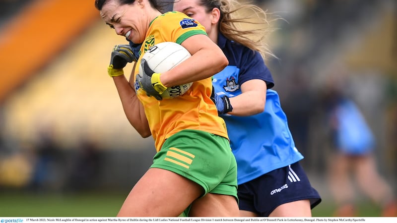 Nicole McLaughlin of Donegal in action against Martha Byrne of Dublin during the league clash between the sides in Letterkenny in March. They meet again on Sunday with a place in the All-Ireland semi-final at stake.  Picture by Sportsfile