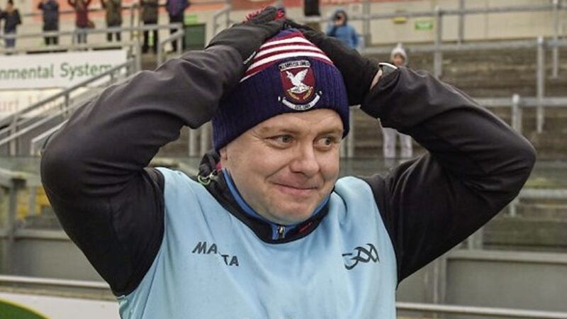 Mullinalaghta manager Mickey Graham celebrates at the end of yesterday&#39;s Leinster final 