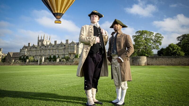 Eric Monkman and Bobby Seagull at Merton College Field, Oxford, site of James Sadler&#39;s 1784 hot air balloon flight 