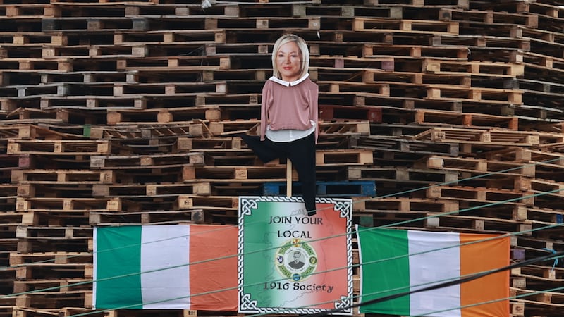 An effigy of Sinn Féin’s Michelle O’Neill on the Eastvale Avenue bonfire in Dungannon. Picture by PA