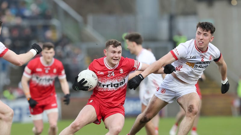 Cormac Murphy takes on Conall Devlin during Derry's win over Tyrone in Celtic Park. Picture: Margaret McLaughlin