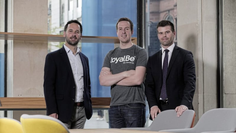 Pictured are: Ryan McAnlis from techstartNI; loyalBe founder, Cormac Quinn; and David Thompson, senior manager for open banking at Danske Bank 