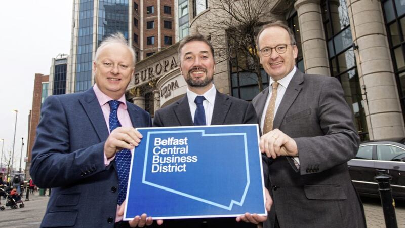Pictured at the launch of Belfast&rsquo;s Central Business District is Paul Johnson Chair of CBD, Chris McCracken, managing director of CBD and Dr Howard Hastings , managing director of Hastings Hotels and chair of Visit Belfast. 