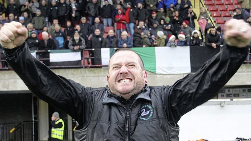 Newington manager Conor Crossan celebrates their Steel &amp; Sons Cup final victory over Linfield Swifts on Christmas morning at Seaview Picture by Aidan O&rsquo;Reilly/Pacemaker Press 