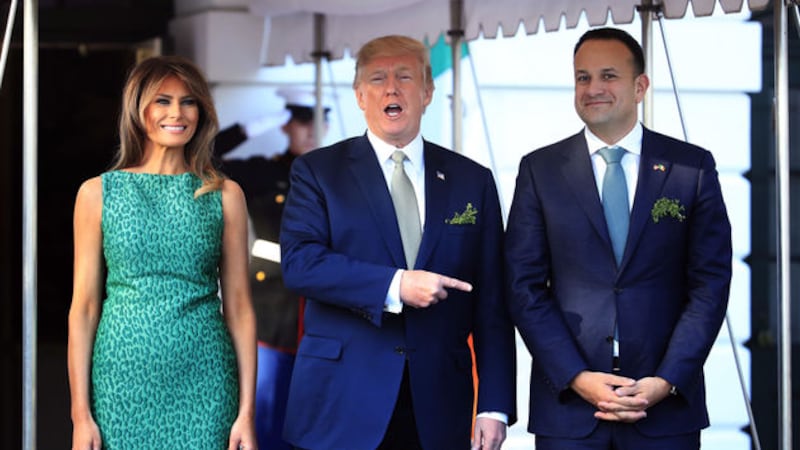 President Donald Trump with first lady Melania Trump welcomes Taoiseach Leo Varadkar of Ireland, upon arrival at the White House, Thursday, March 15, 2018, in Washington&nbsp;