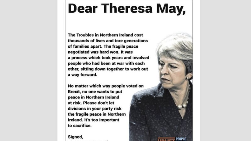 The full-page advertisement in the Maidenhead Advertiser calling on Theresa May to protect the peace process  
