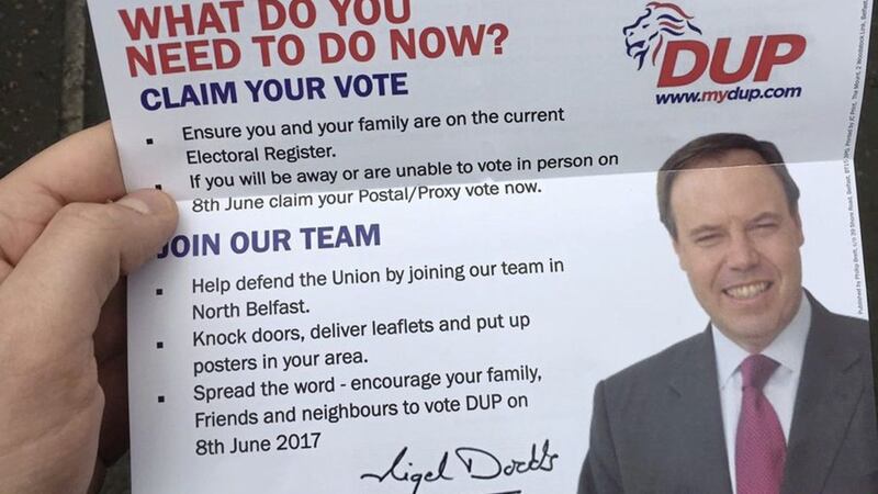 The DUP election leaflet has referred to the last election as being in May. Picture from Twitter 