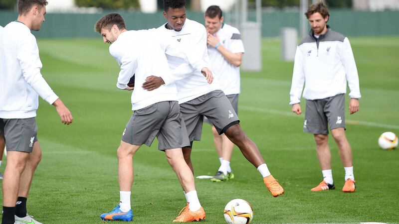 Liverpool's Daniel Sturridge and Adam Lallana during training at Melwood on Wednesday<br />Picture: PA&nbsp;