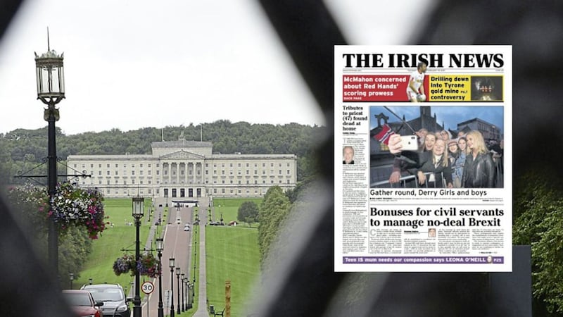 Stormont Parliament Buildings, and inset, how The Irish News revealed the pay boost for civil servants joining no-deal Brexit plans 