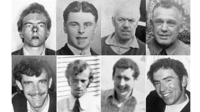 Eight of the ten men murdered at Kingsmill. Top row, from left, Robert Chambers, John Bryans, Joseph Lemmon and James McWhirter. Bottom row, from left, Walter Chapman, John McConville, Kenneth Worton and Reggie Chapman. 