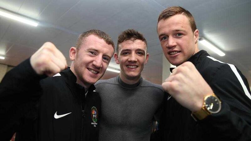 Steven Donnelly (right) with fellow Olympians Paddy Barnes and Brendan Irvine. Picture by Hugh Russell 