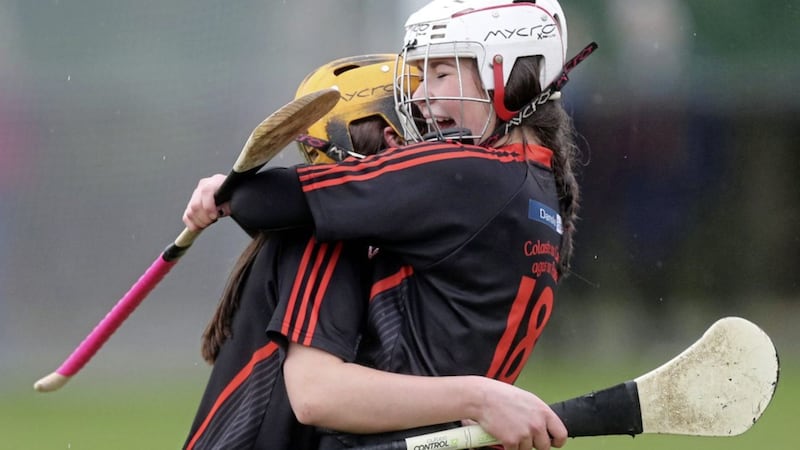 CPC&#39;s Aoife O&#39;Mullan and Maeve Kelly celebrate their team&#39;s win over St Pat&#39;s Maghera in the Ulster Colleges Camogie Senior final replay at Dunsilly Picture by Dylan McIlwaine 