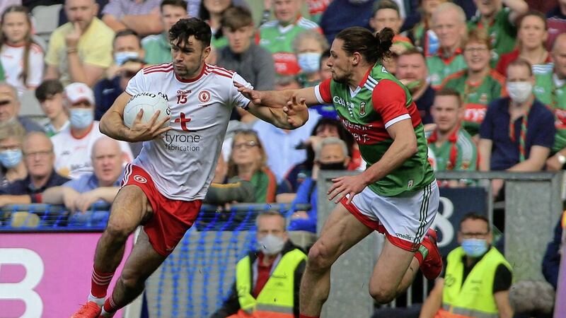 Tyrone&#39;s  Conor Mc Kenna  in action with Mayo&#39;s  Michael  Plunkett  in the 2021 All Ireland Final at Croke Park. 