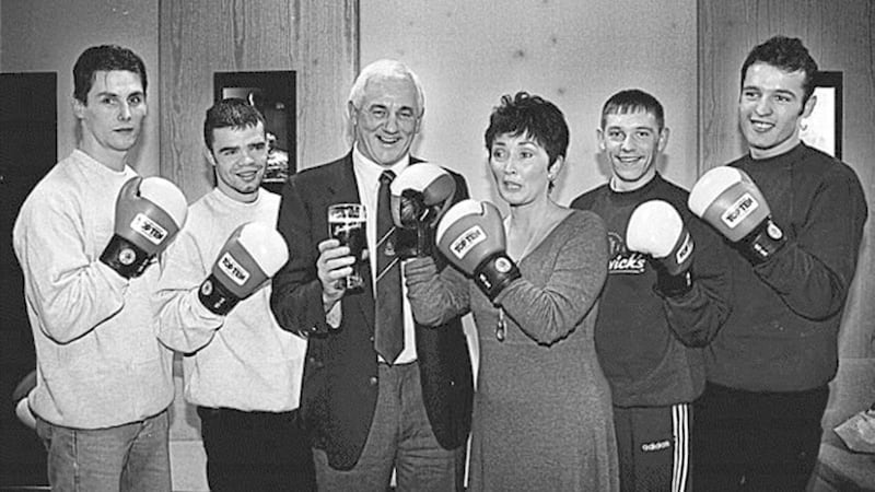 SECONDS OUT....Boxers (left to right) Paul Conlon, Pat O&#39;Donnell, Liam Cunningham and Brian Magee at yesterday&#39;s launch of this year&#39;s Ulster Senior Boxing Championships. Also at the launch were Ulster boxing president Pat McCrory and Joanne Taylor of sponsors Smithwicks 