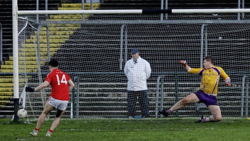 Lee Brennan saw his second penalty of the shoot-out come back off the post as Derrygonnelly advanced to the Ulster Club SFC semi-final. Picture by Donnie Phair 