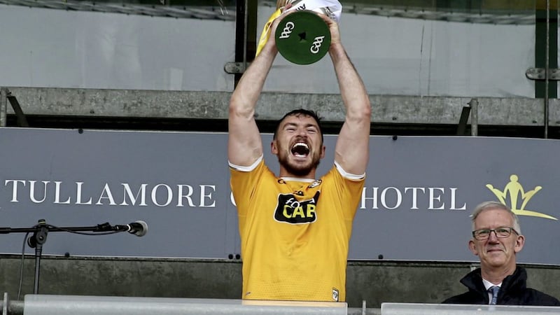 Antrim captain Conor McCann lifts the Division 2A Cup after defeating Kerry on Sunday Picture: Seamus Loughran 