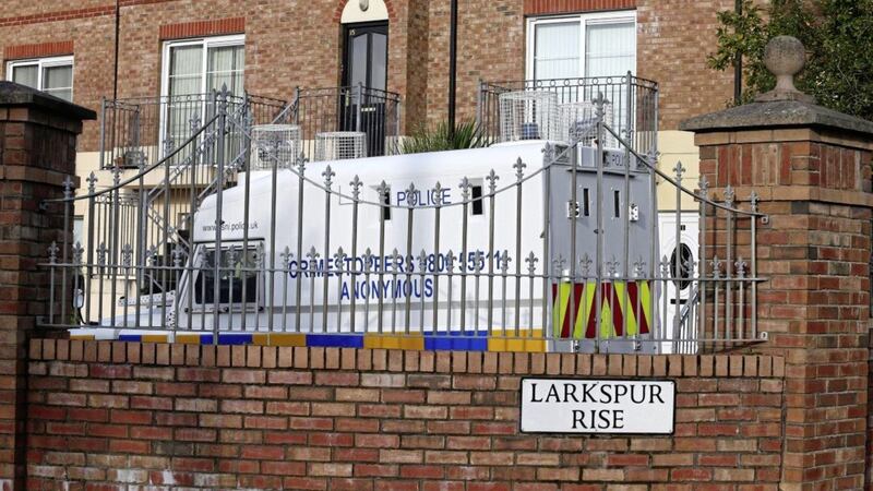 Police have launched a murder investigation after the body of 68-year-old Marie Conlon was found at a flat at Larkspur Rise, off the Suffolk Road in west Belfast. Police remained at the scene yesterday. Photo by Mal McCann 