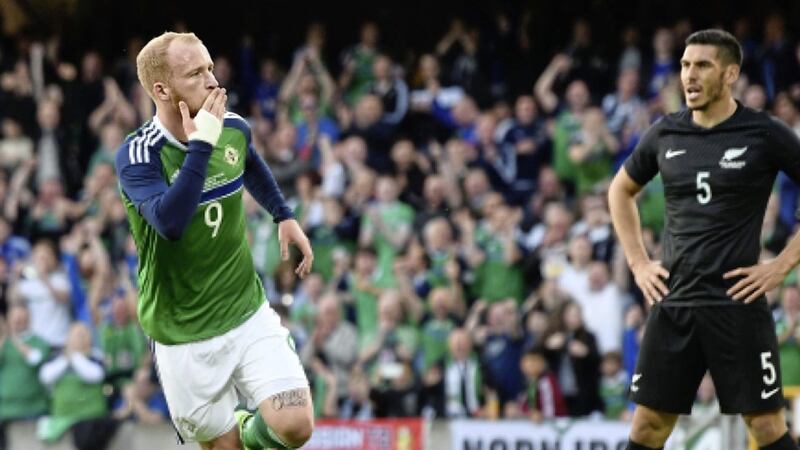 Northern Ireland&#39;s Liam Boyce celebrates his sixth minute winner at Windsor Park Picture by Colm Lenaghan/Pacemaker Press 