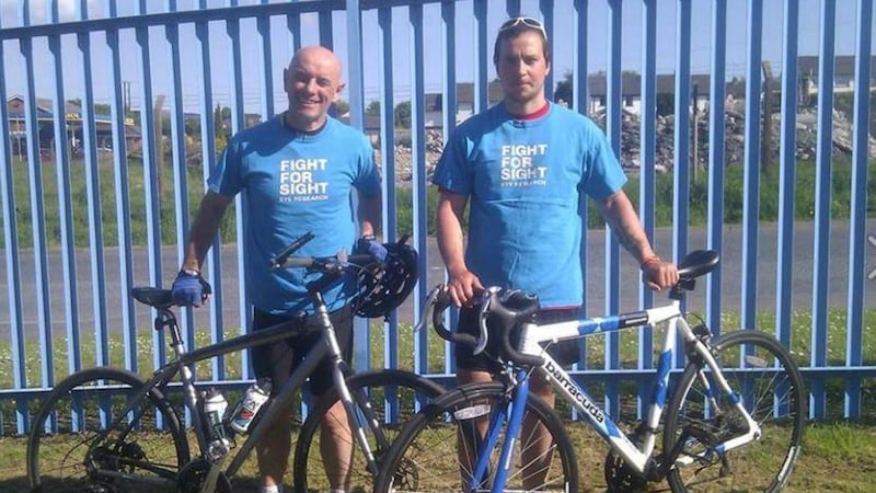 Francie Rooney (left) with John Joe Fallon during their last charity hike in 2013, when they cycled 85 miles in 24 hours 