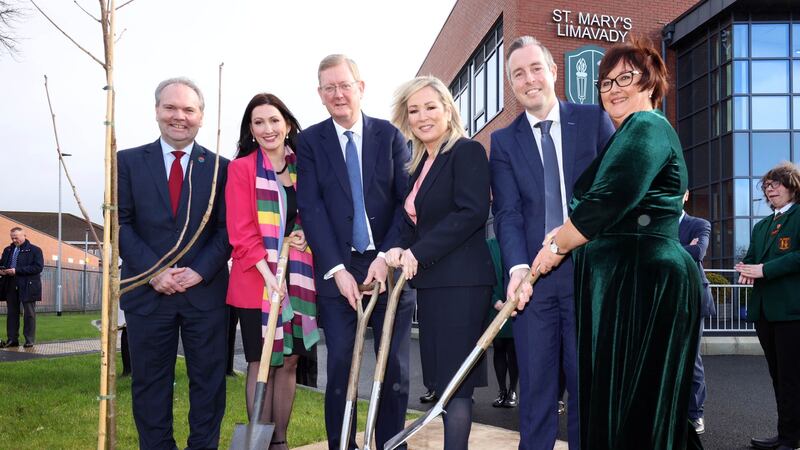Principal Limavady High School, Darren Mornin, deputy First Minister, Emma Little-Pengelly, Parliamentary Under Secretary of State at the Northern Ireland Office, Lord Caine, First Minister, Michelle O’Neill, Minister of Education, Paul Givan and Principal St Mary’s, Limavady Rita Moore