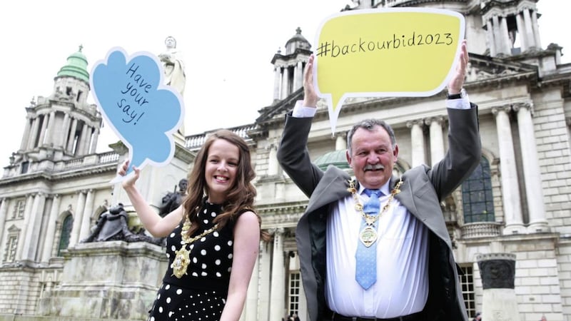 Belfast lord mayor Nuala McAllister and Derry mayor Maol&iacute;osa McHugh at the launch of the joint European Capital of Culture bid for 2023 at Belfast City Hall in July 