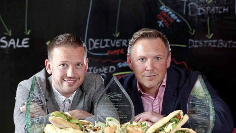 Newry food-to-go firm Around Noon has been named in the prestigious Sunday Times Fast Track 100. Pictured are chief executive Gareth Chambers, left, and executive chef David Graham 