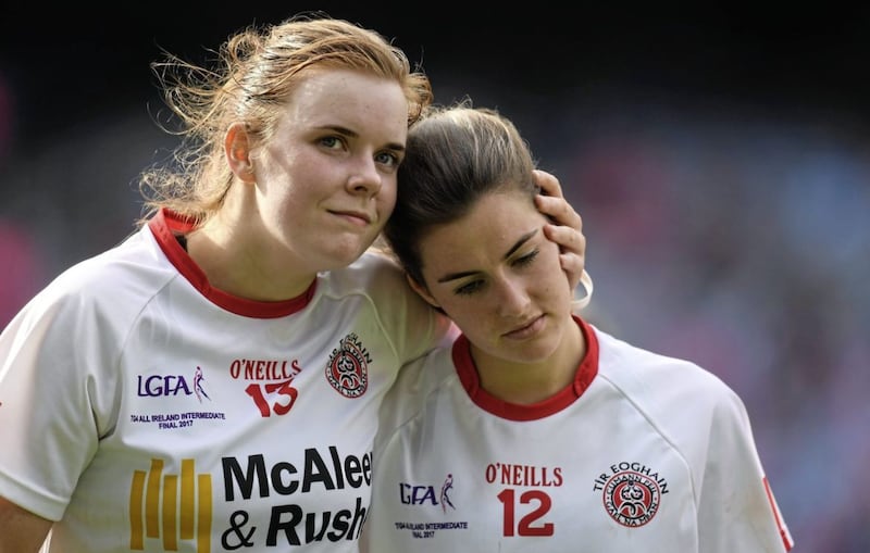 24 September 2017; A dejected Niamh O'Neill, left, and &Aacute;ine Canavan of Tyrone after the TG4 Ladies Football All-Ireland Intermediate Championship Final match between Tipperary and Tyrone at Croke Park in Dublin