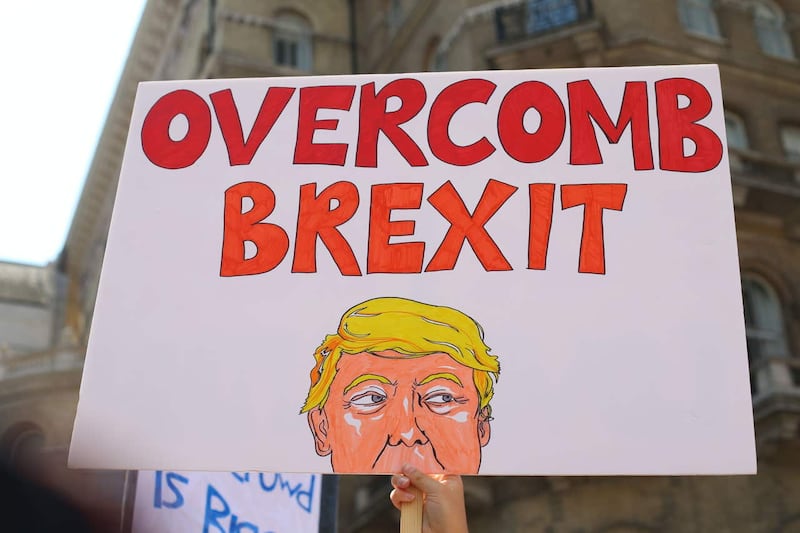 Sign reading Overcomb Brexit during Trump protest march in London 