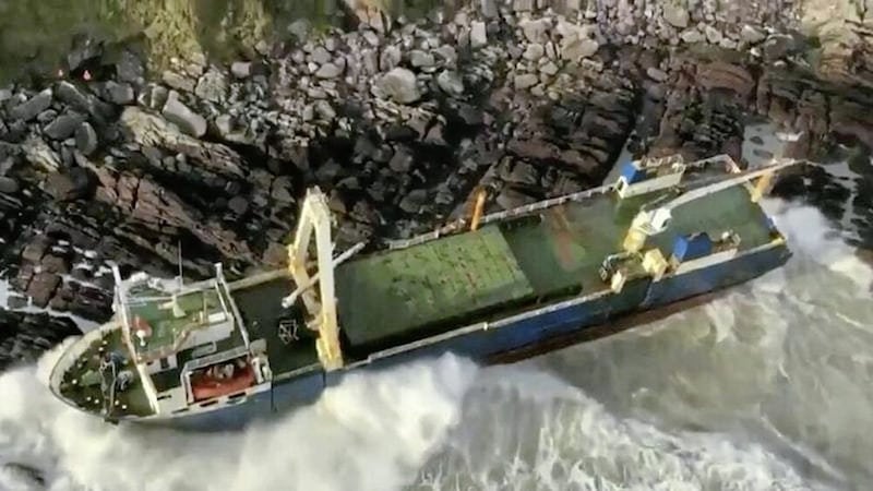 Footage from the Irish Coast Guard shows the abandoned MV Alta cargo ship stranded on the Co Cork Coast 