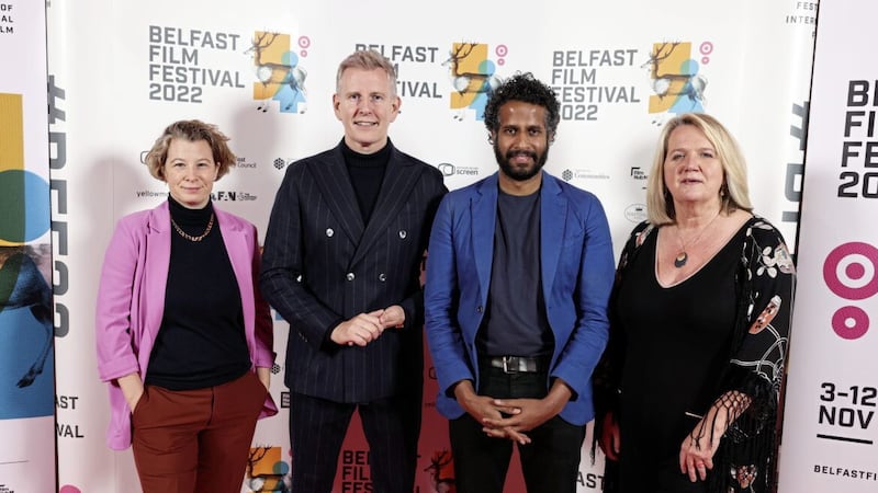 Left to right: Ballywalter writer Stacey Gregg, star Patrick Kielty, director Prasanna Puwanarajah and Belfast Film Festival&#39;s Michele Devlin. 