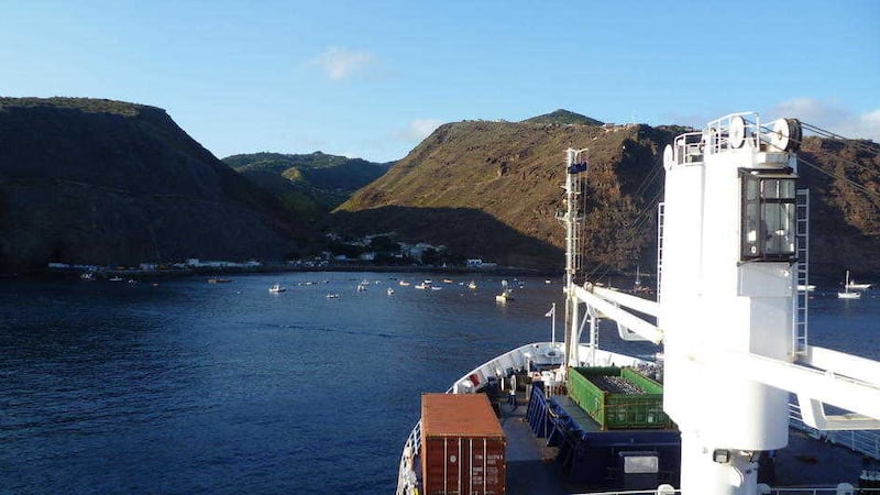 The RMS St Helena approaches port on the South Atlantic Island after which it is named 