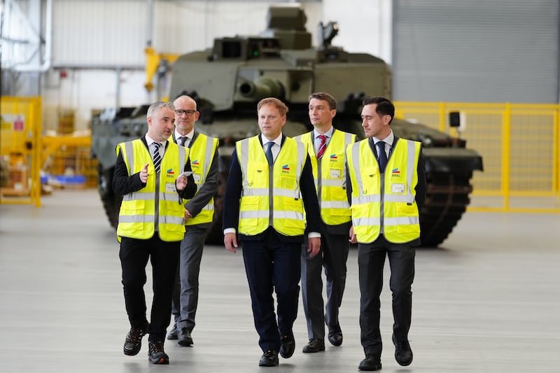 Defence Secretary Grant Shapps (centre) during a visit to view the first prototypes of the Challenger 3 tank. Picture date: Thursday April 18, 2024.