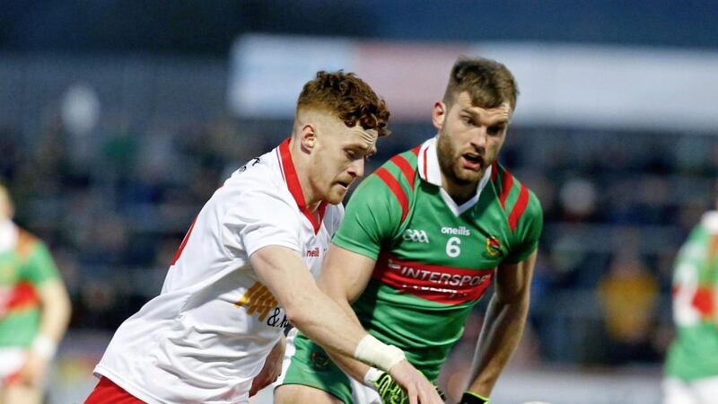 Tyrone&#39;s Conor Meyler and Mayo&#39;s Aidan O&#39;Shea during the Allianz Football League Division One match at Healy Park. Former Red Hand Ronan McGarrity believes the team should battling qualities against Mayo which will stand to them as the year goes on 		Picture: Philip Walsh. 