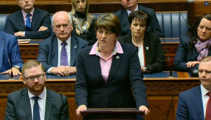 First Minister Arlene Foster pays tribute to Martin McGuinness during a special sitting of the Northern Ireland Assembly