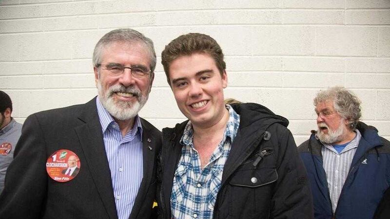Sinn F&eacute;in leader Gerry Adams with 'Frostbit Boy' Ruairi McSorley at the launch of the election campaign for Trevor &Oacute; Clochartaigh in Co Galway&nbsp;