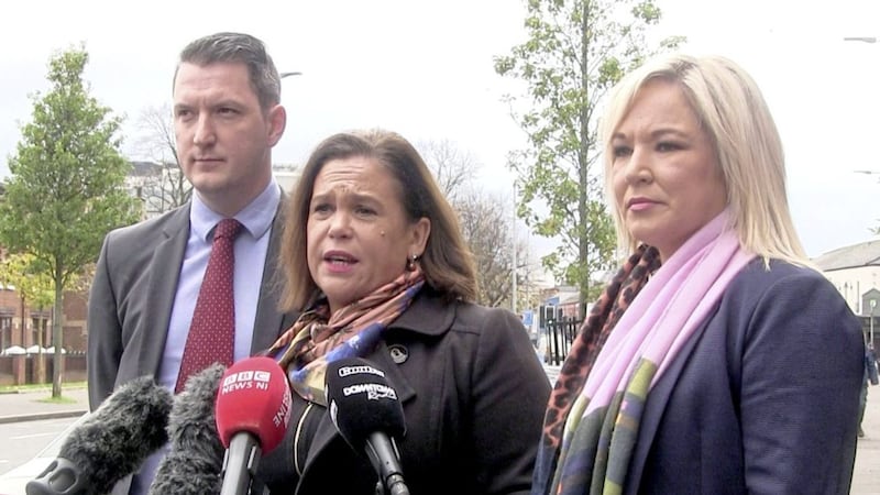 Sinn F&eacute;in president Mary Lou McDonald with North Belfast candidate John Finucane and party vice president Michelle O&#39;Neill. Picture by David Young/PA Wire 