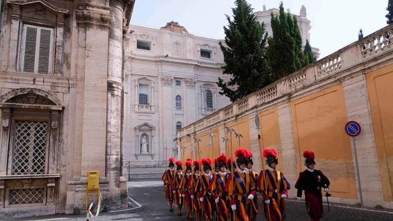 Swiss guards march before the arrival of Cuban President Miguel Diaz-Canel at The Vatican for a meeting with Pope Francis (Domenico Stinellis/AP)